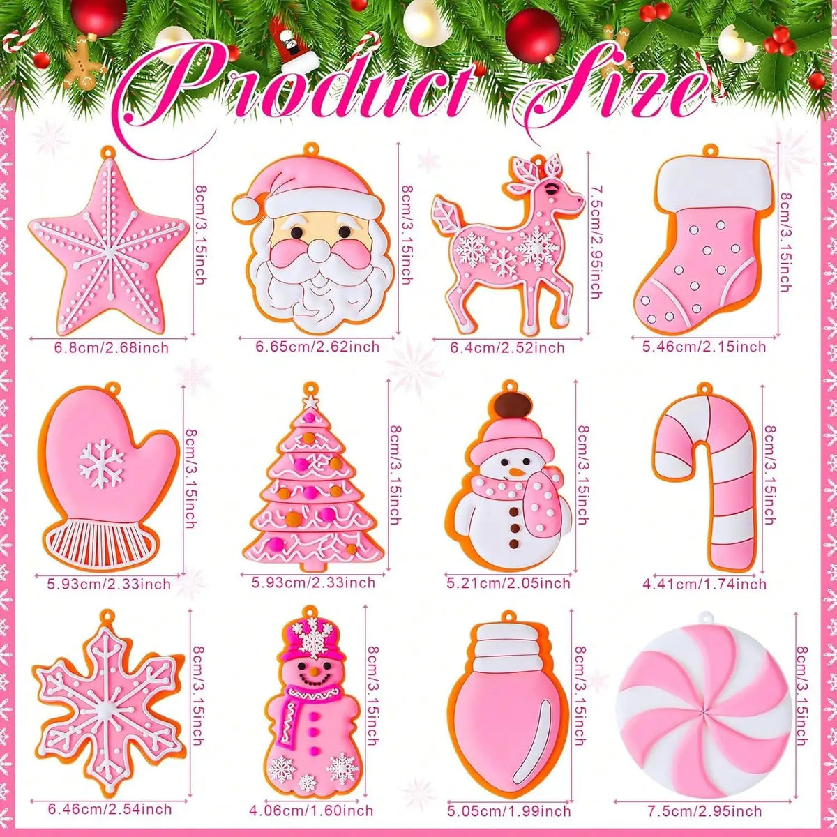 Pink Christmas Tree Ornaments Gingerbread Snowflake Silicone Balls Hanging Decor For DIY Crafts - Pink