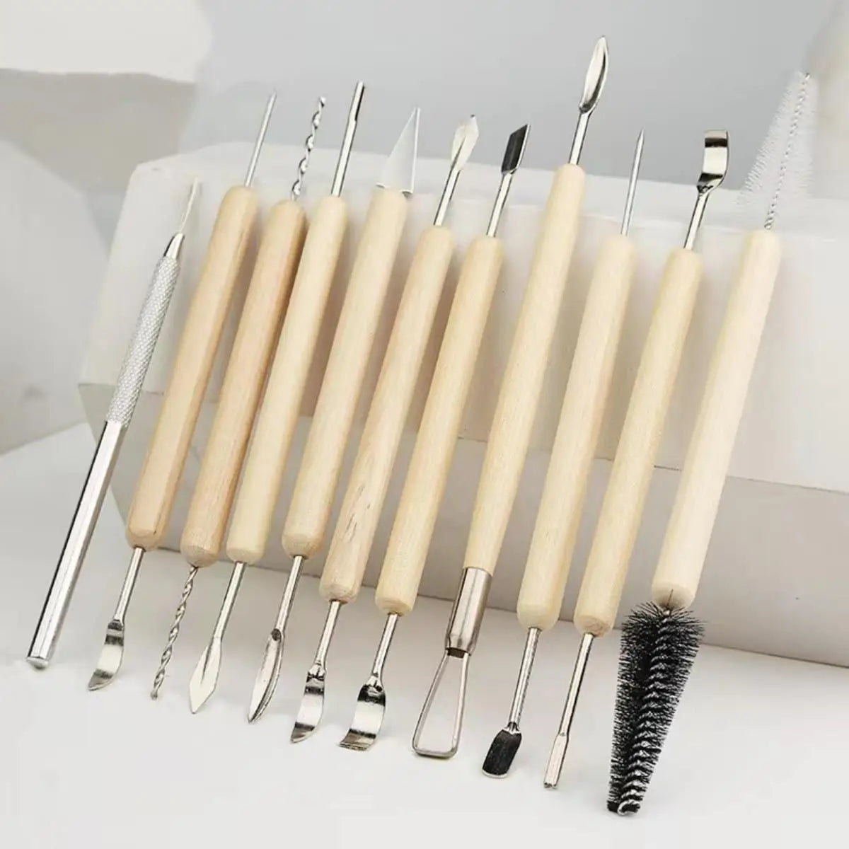 11Pcs Pottery Clay Sculpting Modeling Tool Set Double-Sided Ceramic Polymer Clay Carving Tools Kit With Smooth Wooden Handle