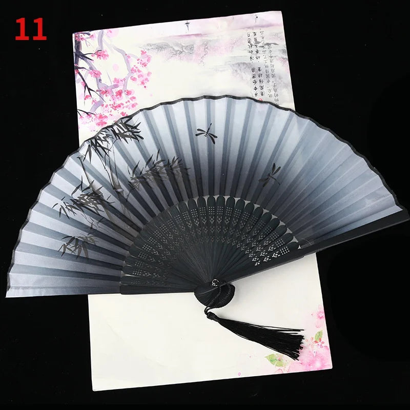 1Pc Vintage Silk Folding Fan Retro Chinese Japanese Bamboo Folding Fan Tassel Dance Hand Fan Home Decoration Ornament Craft G
