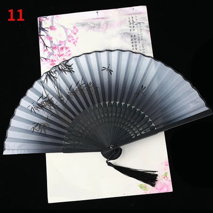 1Pc Vintage Silk Folding Fan Retro Chinese Japanese Bamboo Folding Fan Tassel Dance Hand Fan Home Decoration Ornament Craft G