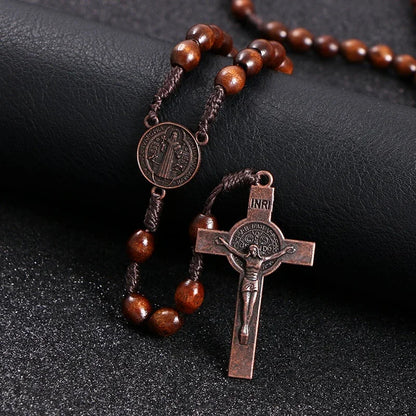 Christ Jesus Wooden Beads 8mm Rosary Bead Cross Car Pendant Woven Rope Chain Necklace Religious Orthodox Praying Jewelry