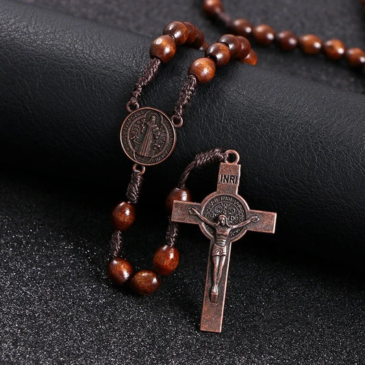 Christ Jesus Wooden Beads 8mm Rosary Bead Cross Car Pendant Woven Rope Chain Necklace Religious Orthodox Praying Jewelry