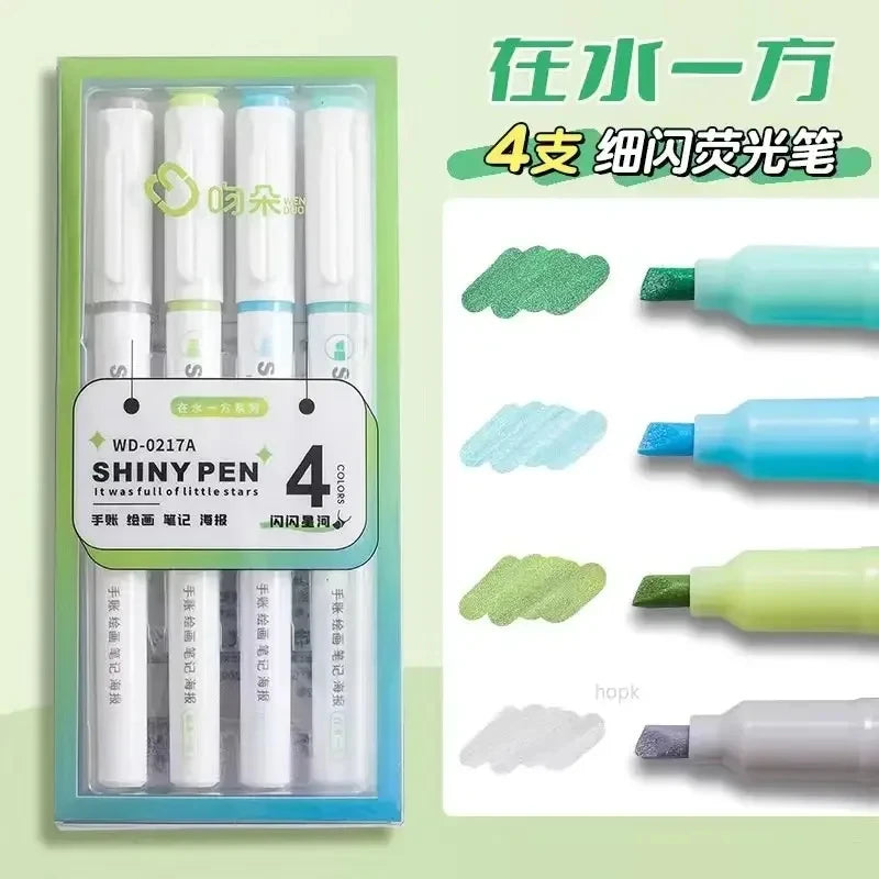 4 Colors/box Kawaii Glitter Highlighter Pen Pastel Fine Pastel Highlighter Marker Scrapbook Painted Stationery School Supplie