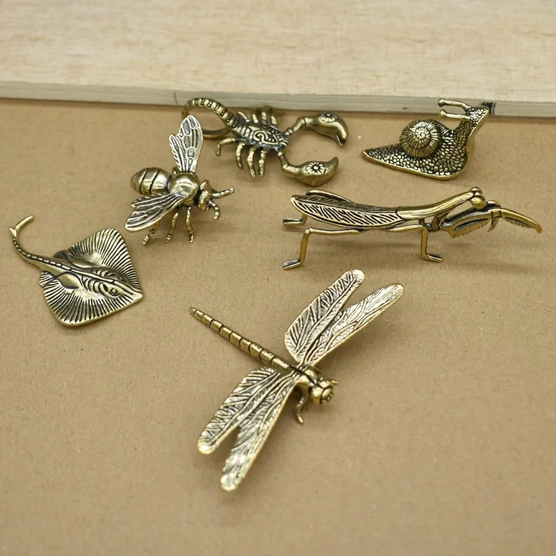 Set of 6 Solid vintage Brass Multi-Style Ornaments, Creative Sculptures of Animals and Plants