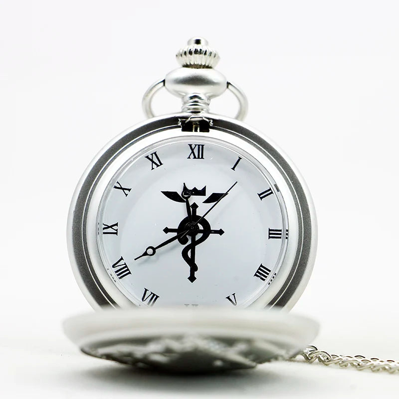 Antique Silver Fullmetal Alchemist Necklace Pendant Quartz Pocket Watch With Chain Gift