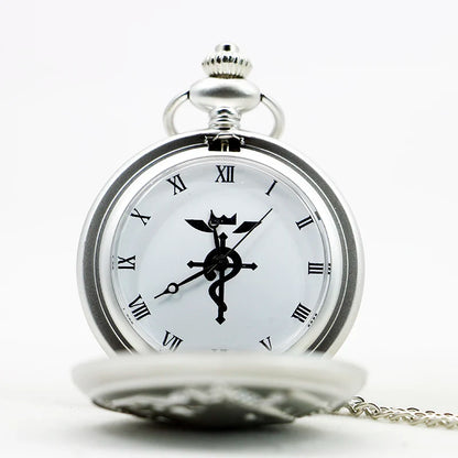 Antique Silver Fullmetal Alchemist Necklace Pendant Quartz Pocket Watch With Chain Gift