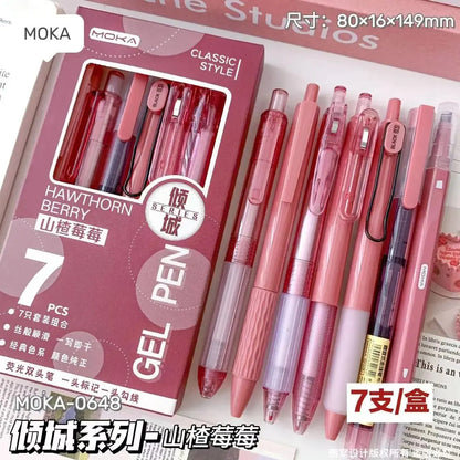 7pcs Boxed Press Students Exam Opening School Gift Gel Pen 0.5mm Black - Red
