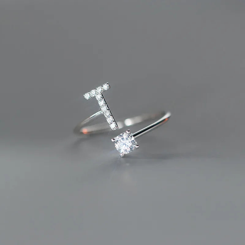 Zircon Initial A-Z Letter Ring For Women Metal Adjustable Opening Ring Name Alphabet Female Wedding Gift Anillos Mujer - T