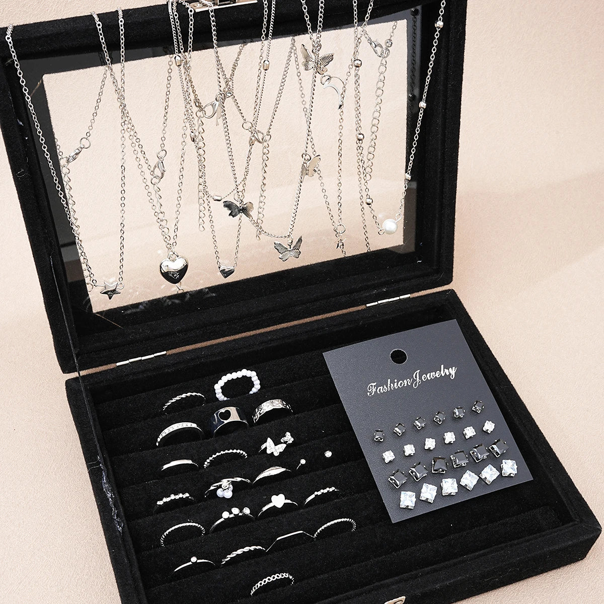 51 Pcs/Set Silver Color Chic Jewelry Set For Women Fashion Butterfly Heart Pearl Necklaces, Earrings, Rings, Match Daily Outf