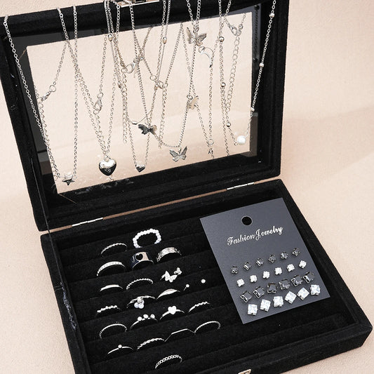 51 Pcs/Set Silver Color Chic Jewelry Set For Women Fashion Butterfly Heart Pearl Necklaces, Earrings, Rings, Match Daily Outf