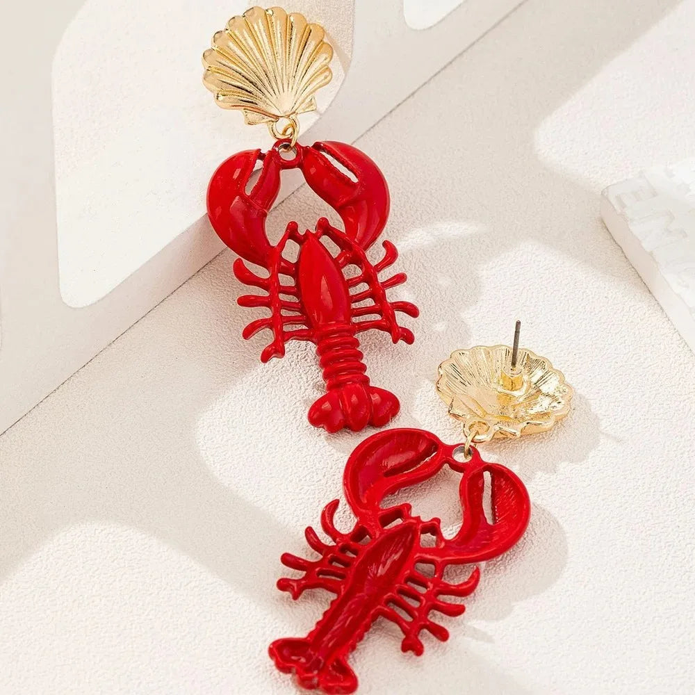 Boho Handmade Lobster Earrings Stone Beaded Enamel Necklace Lobster Metal Shells Earring for Women Summer Beach Popular Jewel