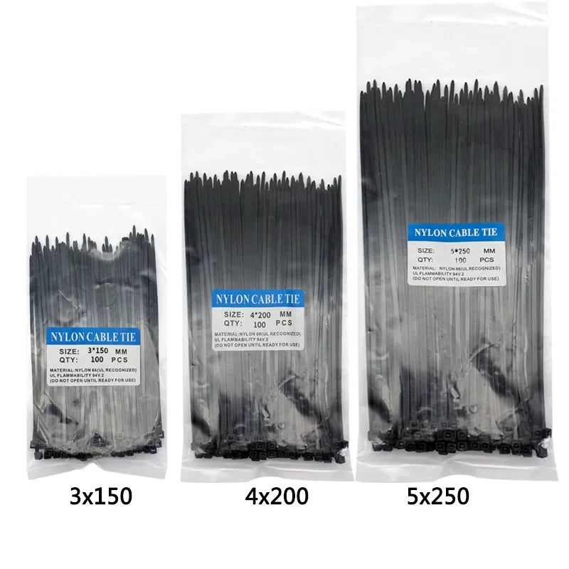 300pcs Three mode Self-Locking Plastic Nylon Wire Cable Zip Ties Black Cable Ties Fasten Loop Cable Various specifications - 