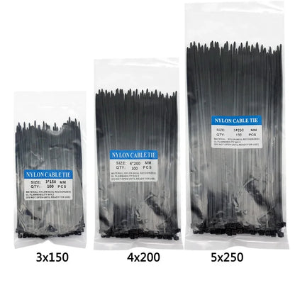 300pcs Three mode Self-Locking Plastic Nylon Wire Cable Zip Ties Black Cable Ties Fasten Loop Cable Various specifications - 