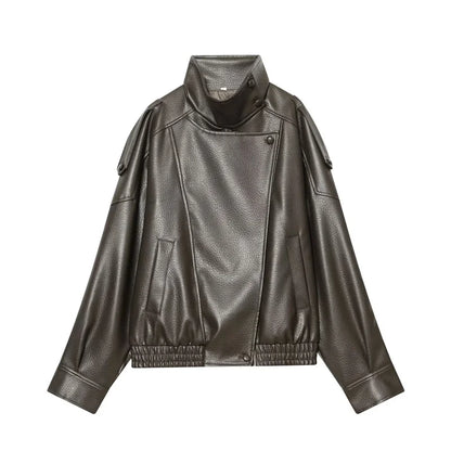 Women's Jacket 2026 Autunm New Black Long Sleeve Pebble Faux Leather Jacket Motorcycle Style Personality Fashion