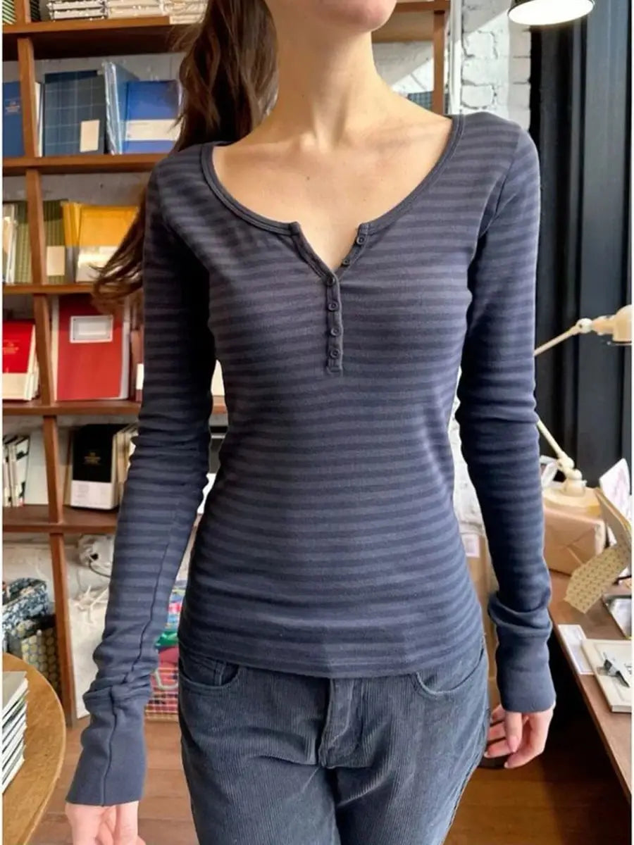 Six Buttons Ribbed Long Sleeve T-shirts Women Spring Round Neck Cotton Slim Tee Top Female Sweet Cute Pink Tshirt Y2k Tops Ne