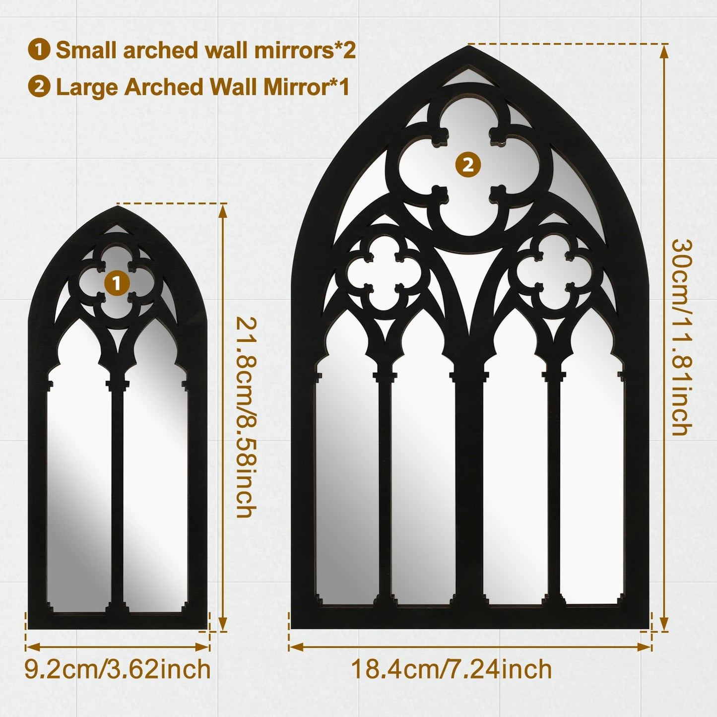 3Pcs Gothic Mirrors Wall Decor Arched Decor Mirror Wall Mounted Goth Room Decor Vintage Cathedral Window Mirror Entry Mirror