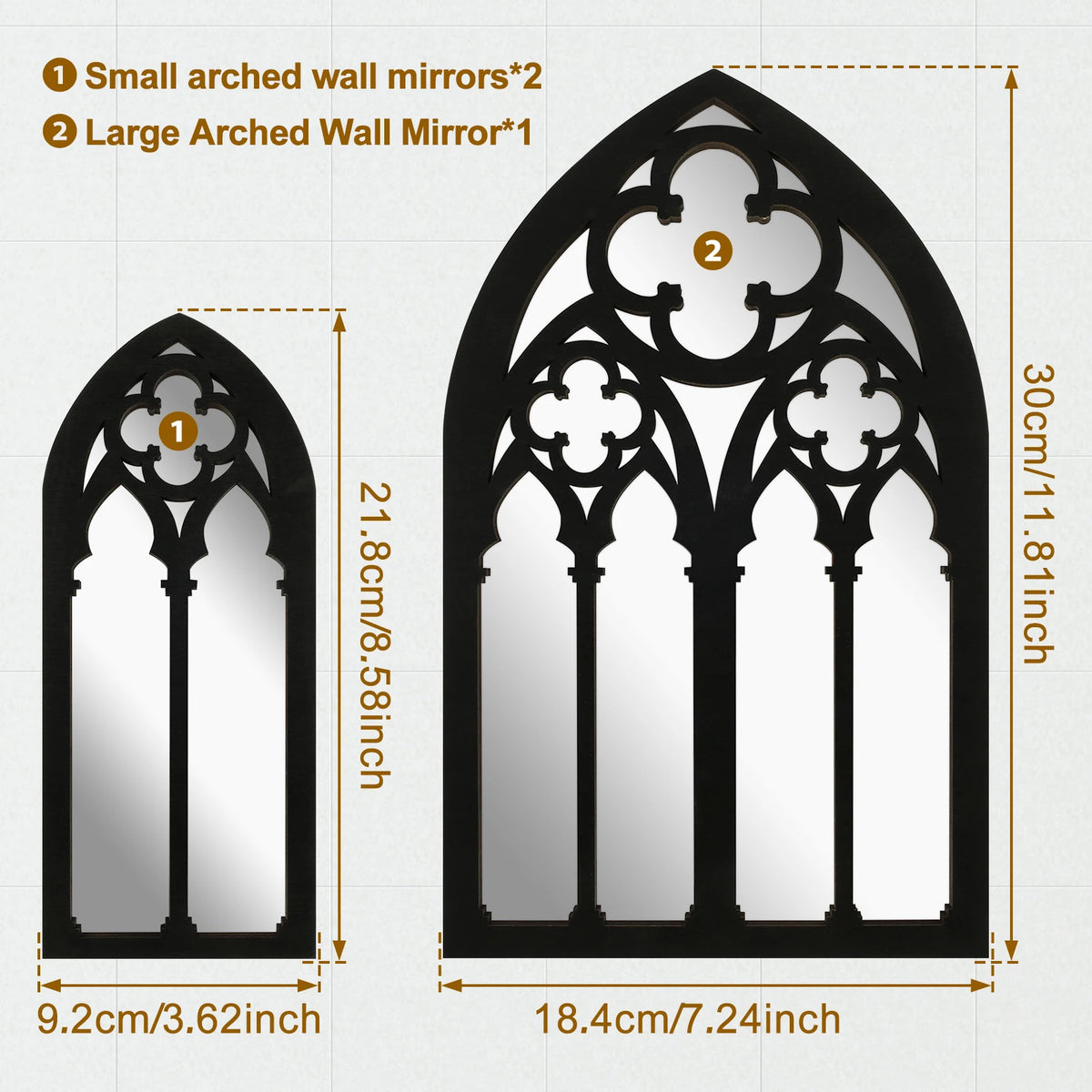 3Pcs Gothic Mirrors Wall Decor Arched Decor Mirror Wall Mounted Goth Room Decor Vintage Cathedral Window Mirror Entry Mirror