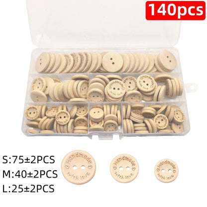 100/140 Pcs Assorted Sizes Wood Buttons Set, Natural Khaki Handmade with Love Tags for Sewing,Crafting, DIY Clothing Accessor
