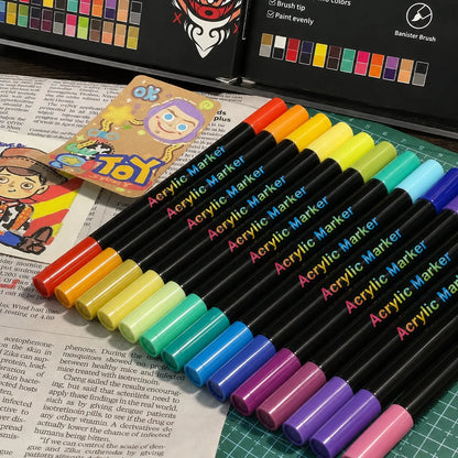 Professional Art Use 24/48-Color Acrylic Paint Markers, Dual-Tip Fine and Brush Tip Pens, Suitable for Stone, Wood, Calligrap