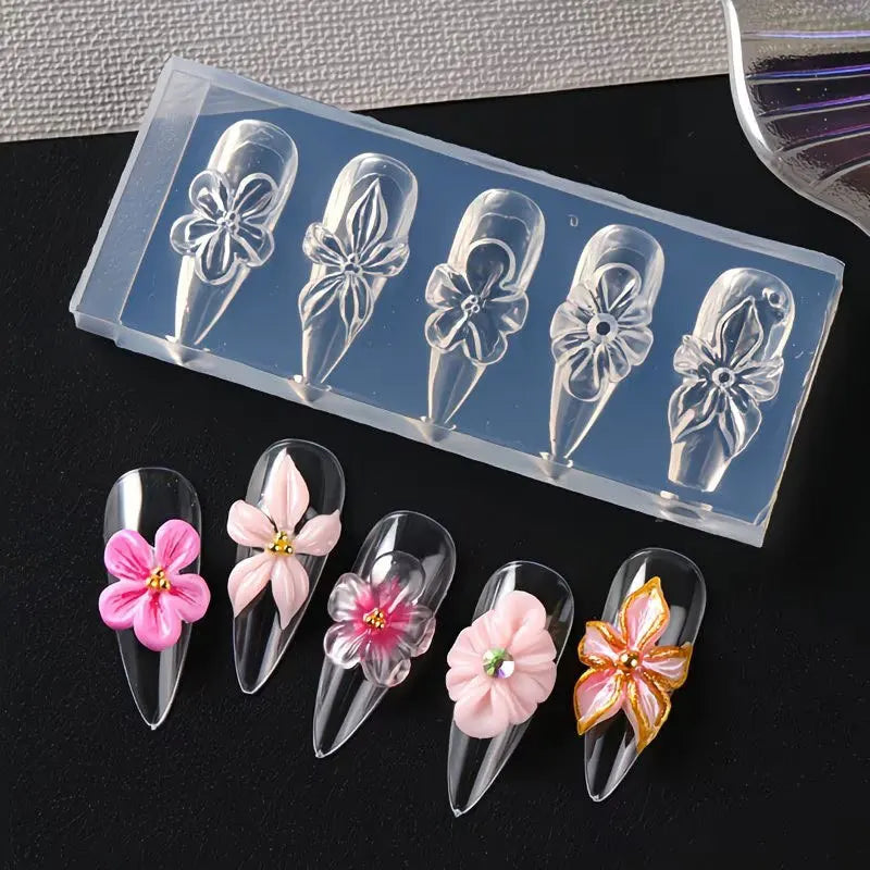 3D Flower Silicone Nail Mold Lily & Hibiscus Petals Carving Template Gel Polish Stencils for Spring Summer Manicure Decor