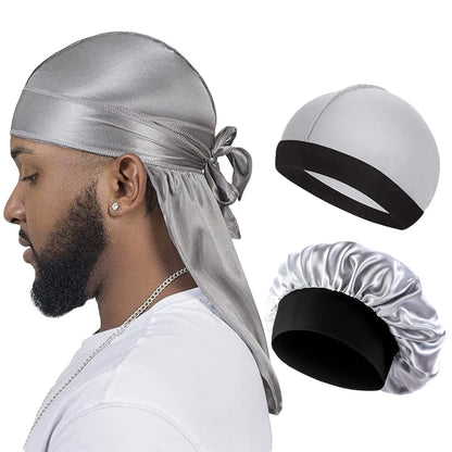 3PCS/LOT Men Silky Durag Long Tail Pirate Hat Headband Turban Dome Wave Cap Unisex Wig Cap Elastic Band Satin Bonnet - Silver