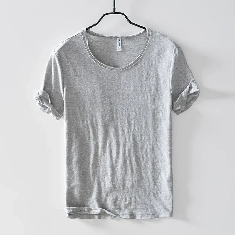 Retro Raw Edge T-Shirt for Men, 100% Cotton, Lightweight,Breathable,Slim-fit, Monochromatic, O-Neck, Casual Basic Top - Light