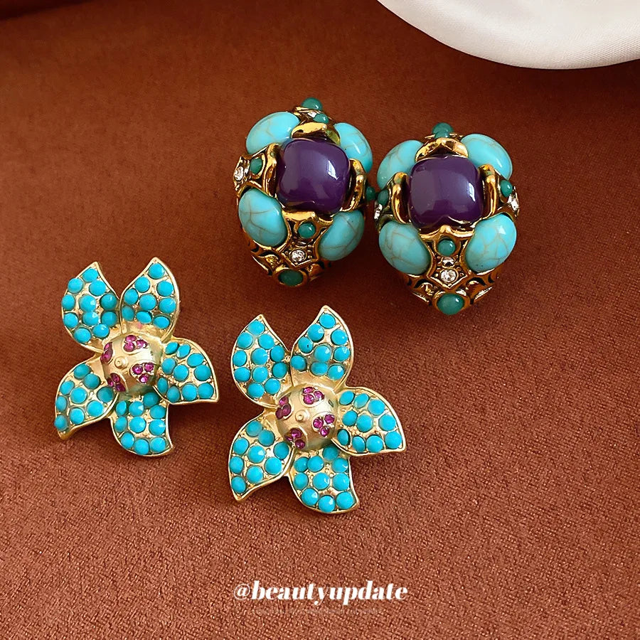 Vintage Resin Stone Crystal Stud Earrings Retro Luxury Temperament Ear Jewelry