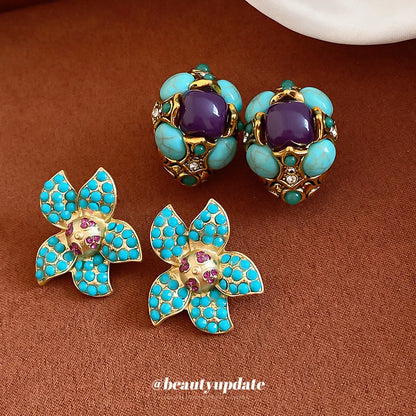 Vintage Resin Stone Crystal Stud Earrings Retro Luxury Temperament Ear Jewelry