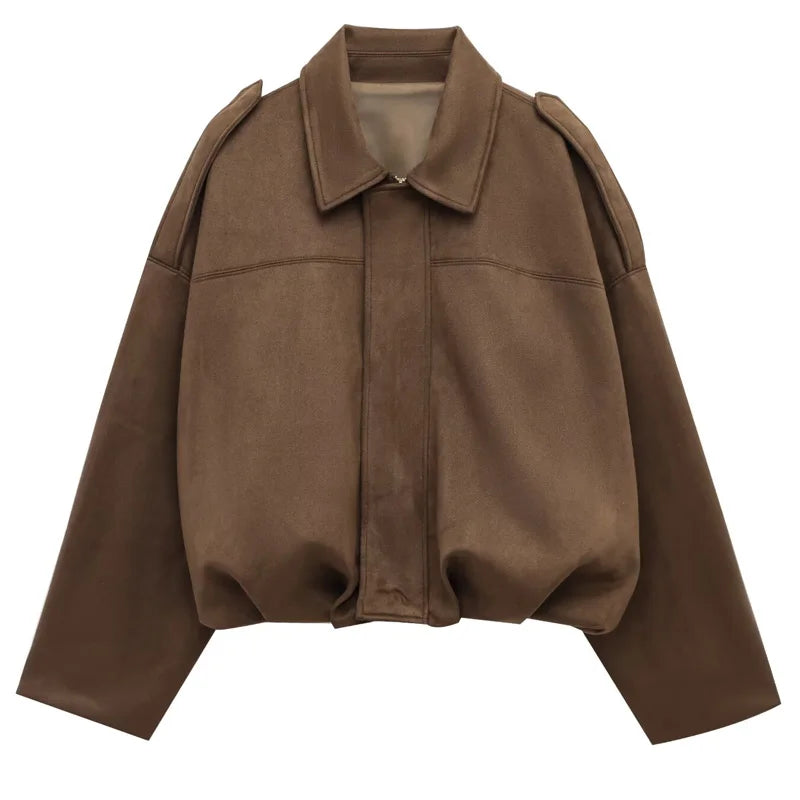 HXAO Women's Bomber Jacket Lapel Long Sleeve Zipper Suede Jacket Women 2025 High Street Cropped Racing Jackets Coats Outerwea