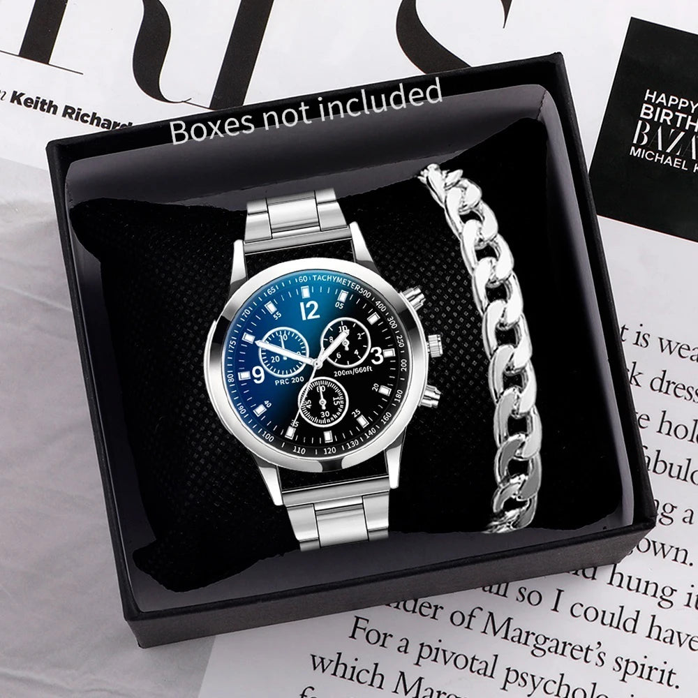 1/2PCS Men Business Watches Fashion Men's Steel Band Quartz Watch with Bracelet（Box not Included） - Black Without Box