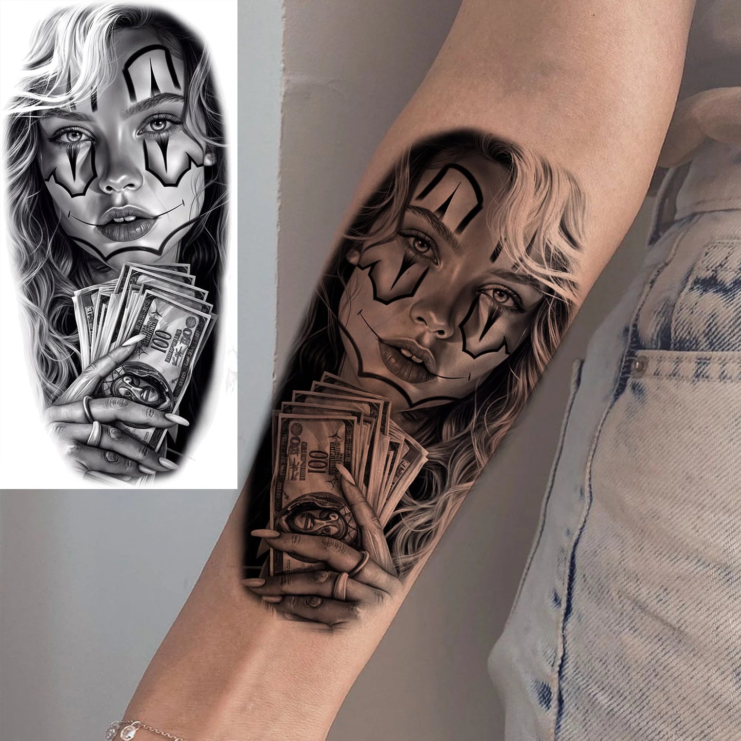 1 Sheet Evil Women Face Joker Mask Temporary Tattoos For Men Women Adults Waterproof Realistic Fake Tattoos Long Lasting Stic