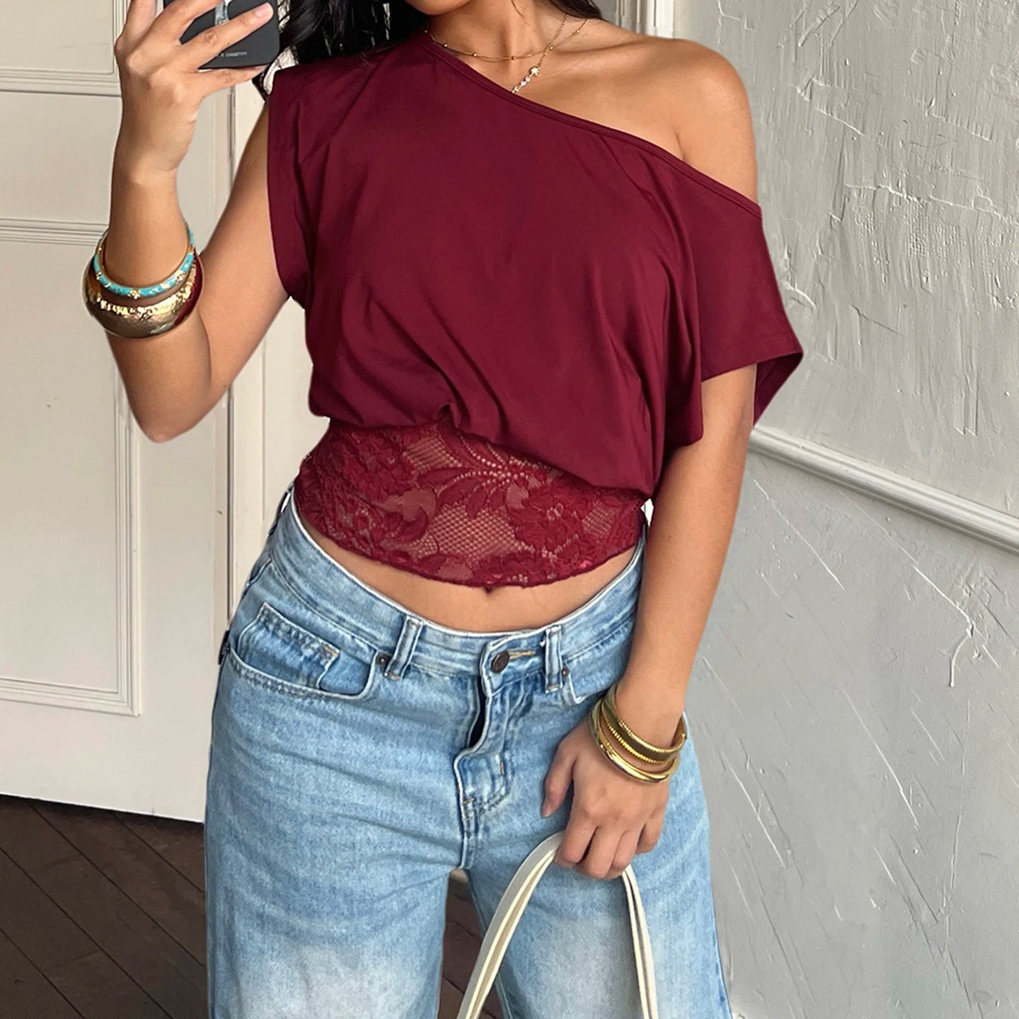 Elegant Patchwork Lace T-Shirt See Through Slim-Fitting Crew Neck Off-Shoulder Long Sleeve Tees Women 2025 Autumn Winter Fash