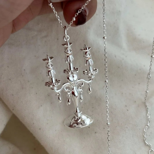 2025 Vintage Silver Color Candle Holder Metal Pendant Necklace for Women Girls Sweater Chain Party Fashion Jewelry Gift