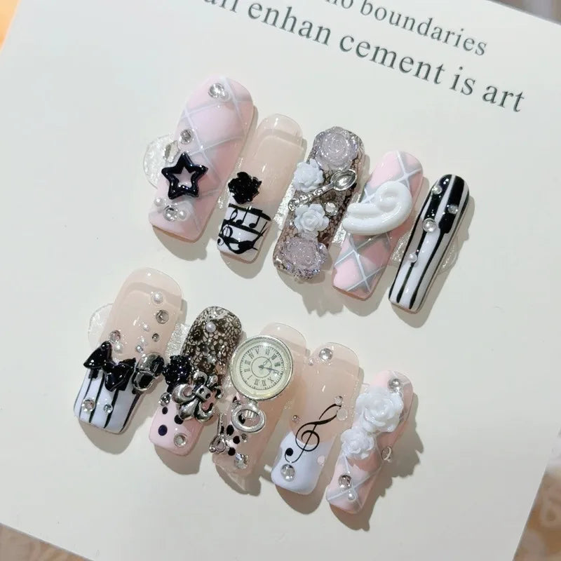 Musical Notes Retro Vintage Gyaru French Handmade Press On Nails 3D Rose Bow Pearl Pink Fake Nails Y2K Cute Long Coffin Nail 