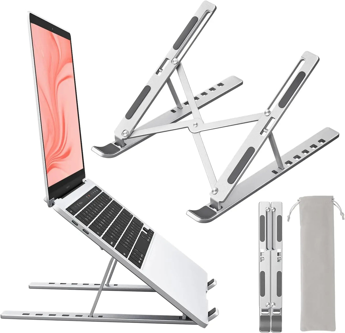 Ergonomic Aluminum Alloy Foldable Laptop Stand, 7 Adjustable Angles, Sand-Blasted Anti-Slip Stable Computer Holder - Silver-2