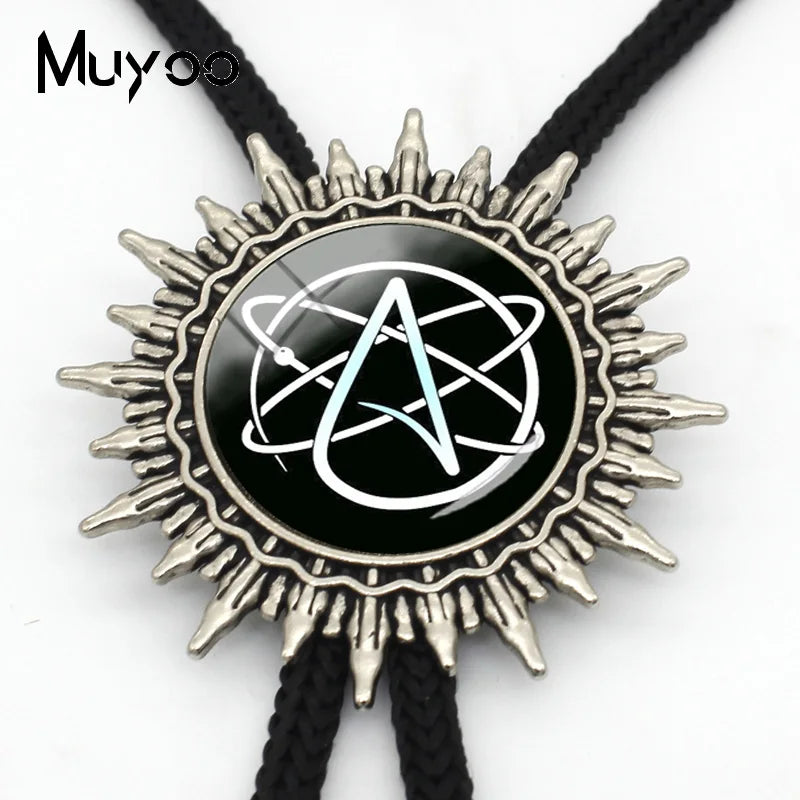 BOLO-0087 Fashion Hot Atheist Atheism Symbol Bolo Ties For Men Handmade Atheist Logo Round Glass Dome Slide Fashion Neck Tie 
