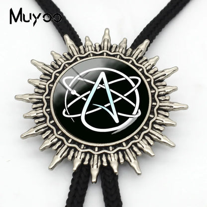 BOLO-0087 Fashion Hot Atheist Atheism Symbol Bolo Ties For Men Handmade Atheist Logo Round Glass Dome Slide Fashion Neck Tie 