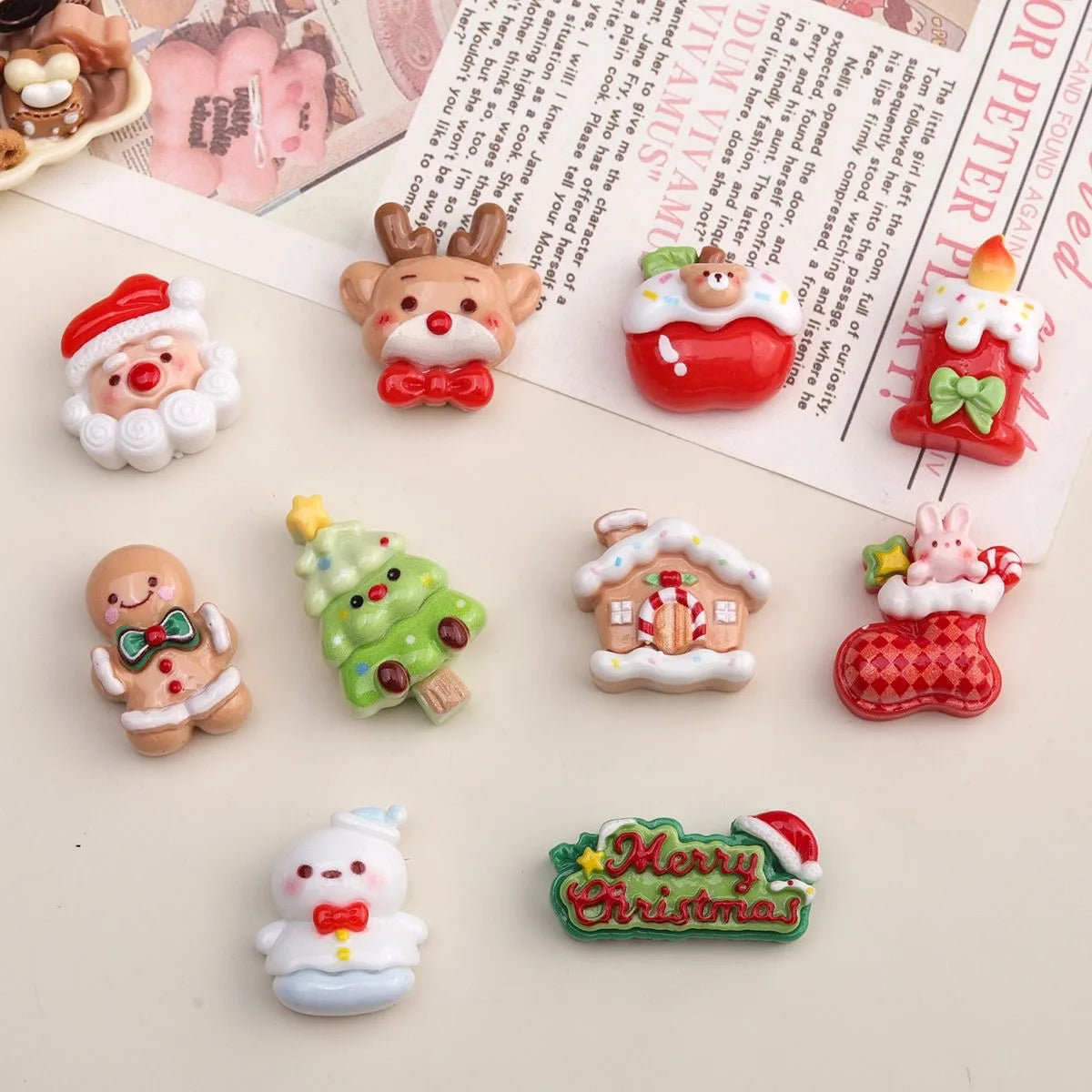 10pcs Christmas Fridge Magnet Apple Tree Santa Claus Bear Figurine Resin Refrigerator Fridge Magnet Kitchen Decor Accessories