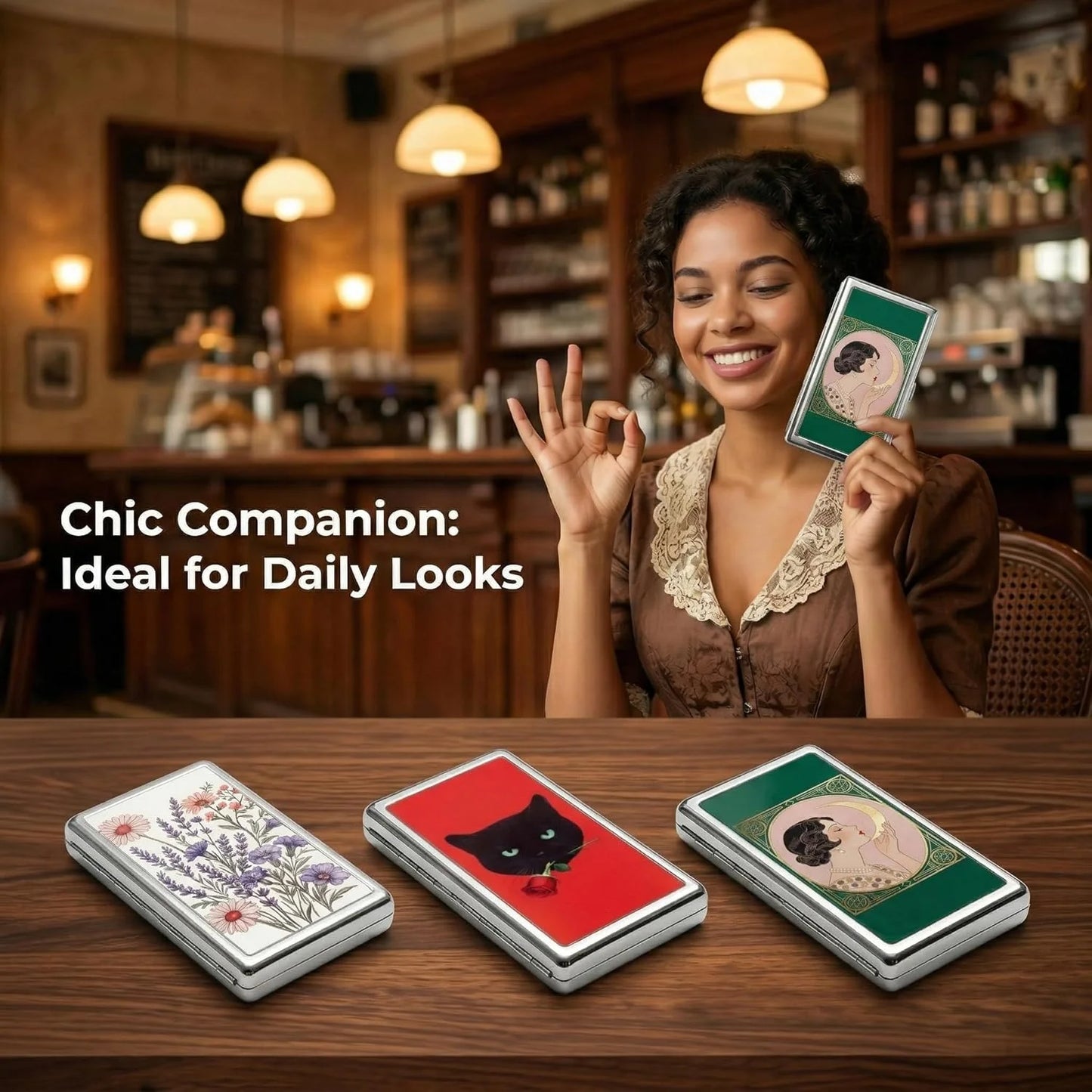 Vintage Style Metal Cigarette Carrying Case Art Deco Design Versatile Card & Cash Case Easy Snap Gift Idea for for Women and 