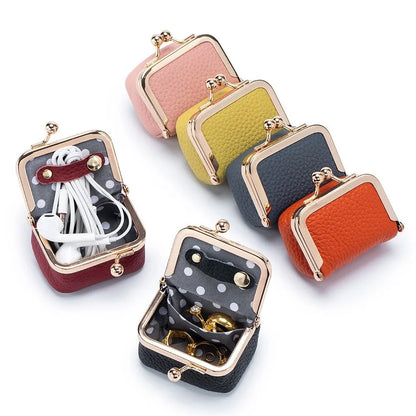 Wallet Genuine Leather Kiss Lock Coin Purse Solid Color Square Leather Jewelry Bag Multifunctional Mini Small Item Bag Earrin