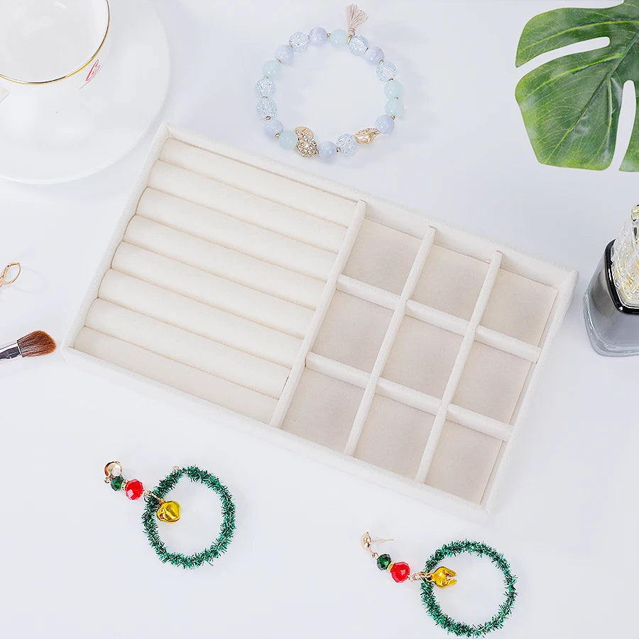 1PC, Flocking Jewelry Box Jewelry Tray, Color: Beige - 9 grids pallet