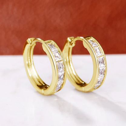 Huitan Classic Design Women Hoop Earrings Full with Princess Square CZ Simple and Elegant Female Accessories Versatile Jewelr