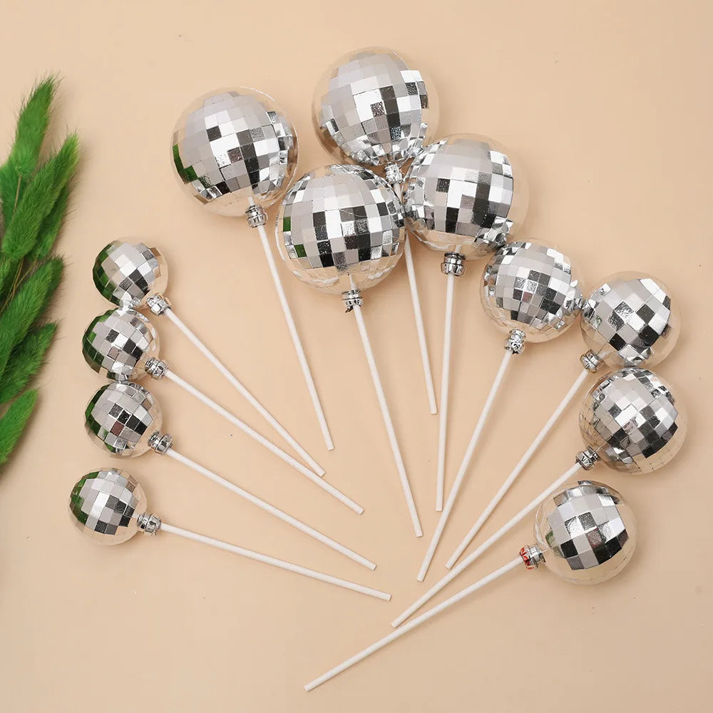 12pcs Silver Disco Ball Cake Topper 1970s Disco Theme Birthday Party Cake Decoration Cowboy Cowgirl Birthday Supplies