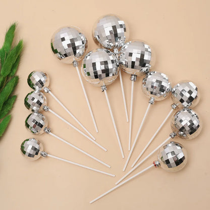 12pcs Silver Disco Ball Cake Topper 1970s Disco Theme Birthday Party Cake Decoration Cowboy Cowgirl Birthday Supplies