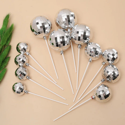 12pcs Silver Disco Ball Cake Topper 1970s Disco Theme Birthday Party Cake Decoration Cowboy Cowgirl Birthday Supplies