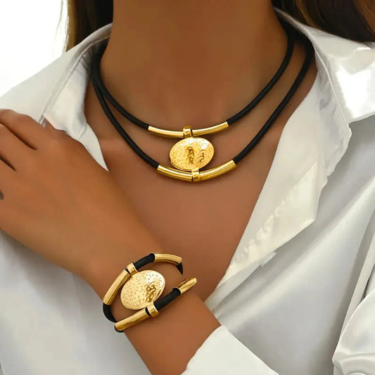Vintage Oval Metal Faux Leather Necklace Bracelet For Women Fashion Gold Silver Color 2Pcs/Set Double Layered Chain Jewelry S