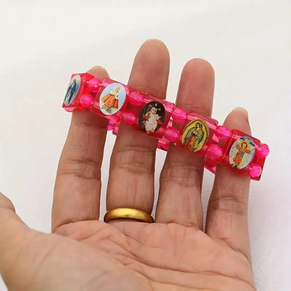 Vintage Jesus And Virgin Mary PVC Rosary Bead Bracelet With Elastic Band Religious Image Stickers For Daily Wear Parties