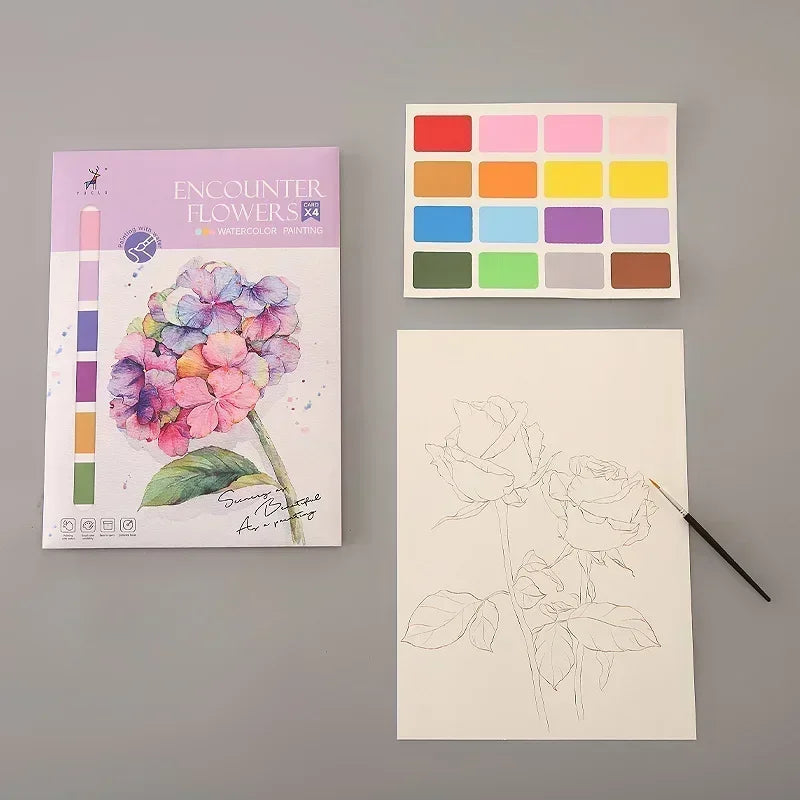 Portable Watercolor Painting Book 4 Sheets Coloring Book with Paint Brush Gouache Book Kids Graffiti Picture Drawing Statione