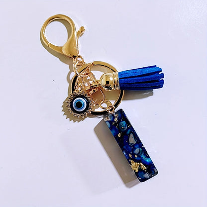 Blue Resin Initial Keychain - Evil Eye Letter Charm with Rhinestones & Tassel, Stylish Gift for Women, Lobster Clasp Accessor