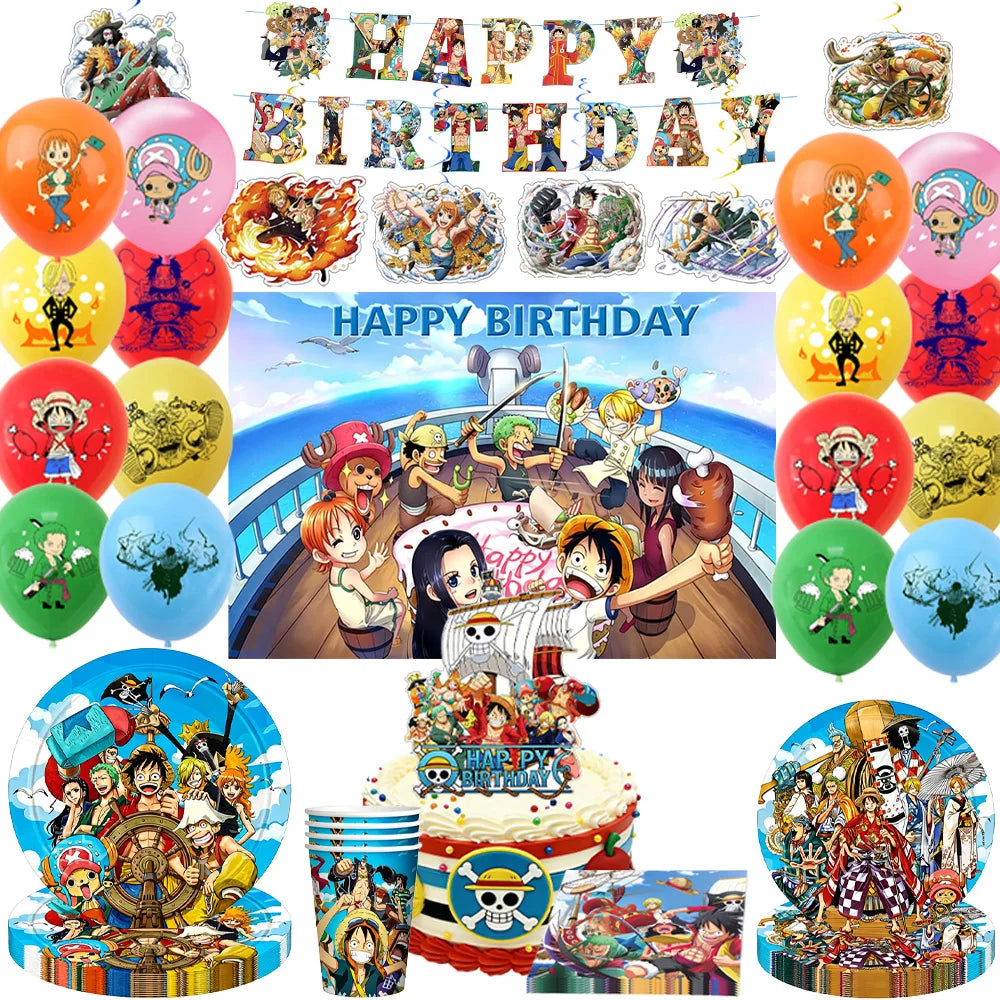 One Piece Birthday Party Dinner Plates Hanging Banner Cake Decoration One Piece Luffy Balloon Party Decoration Theme Props Gi